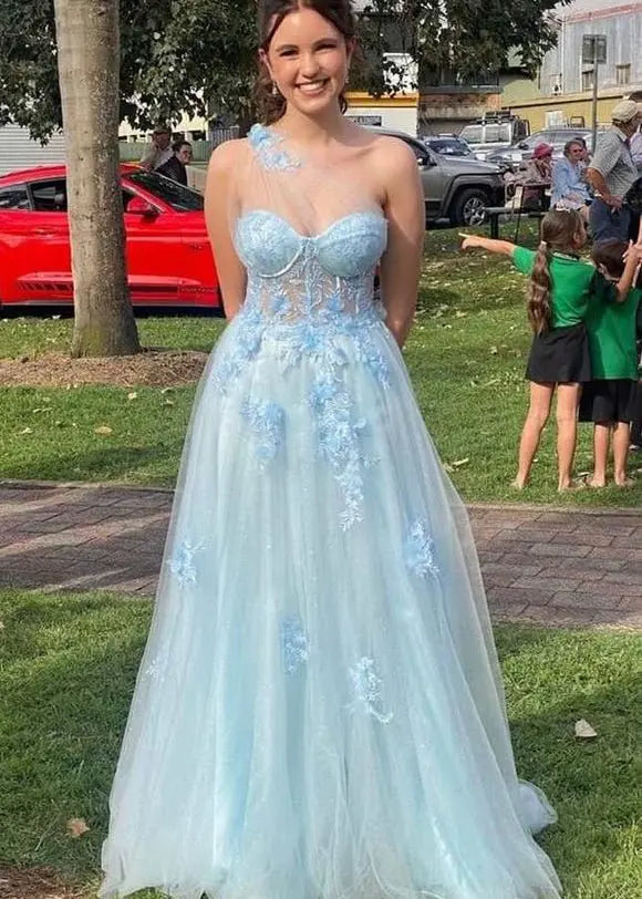 Kaidress A-line one-shoulder sleeveless tulle prom dress with appliqued split and floor-length design, elegant evening gown.