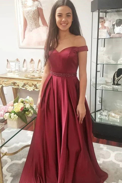 Princess Strapless Satin Pink Long Prom Dresses with Pocket Formal Evening Gowns
