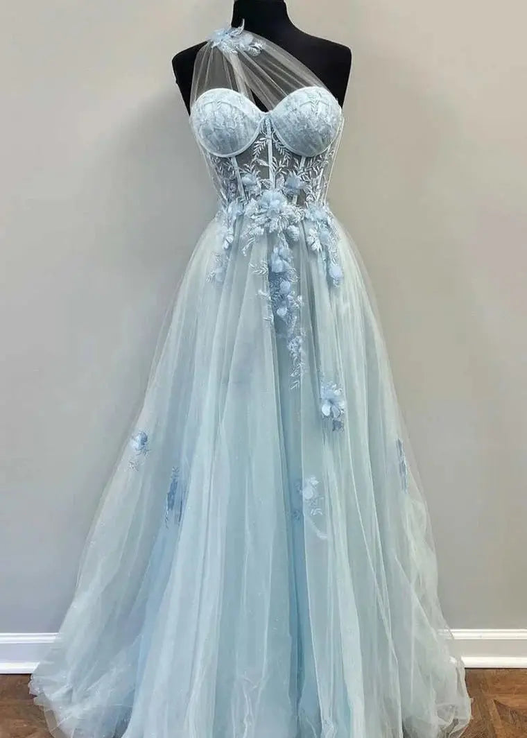Kaidress A-line one-shoulder sleeveless floor-length tulle prom dress with appliqued split and elegant design.