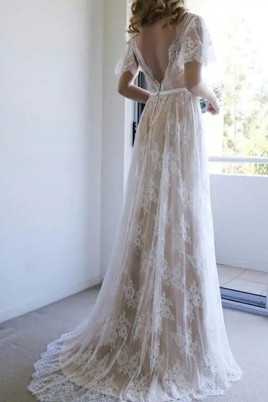 A-Line/Princess Lace Sash/Ribbon/Belt V-neck Short Sleeves Sweep/Brush Train Wedding Dresses-692