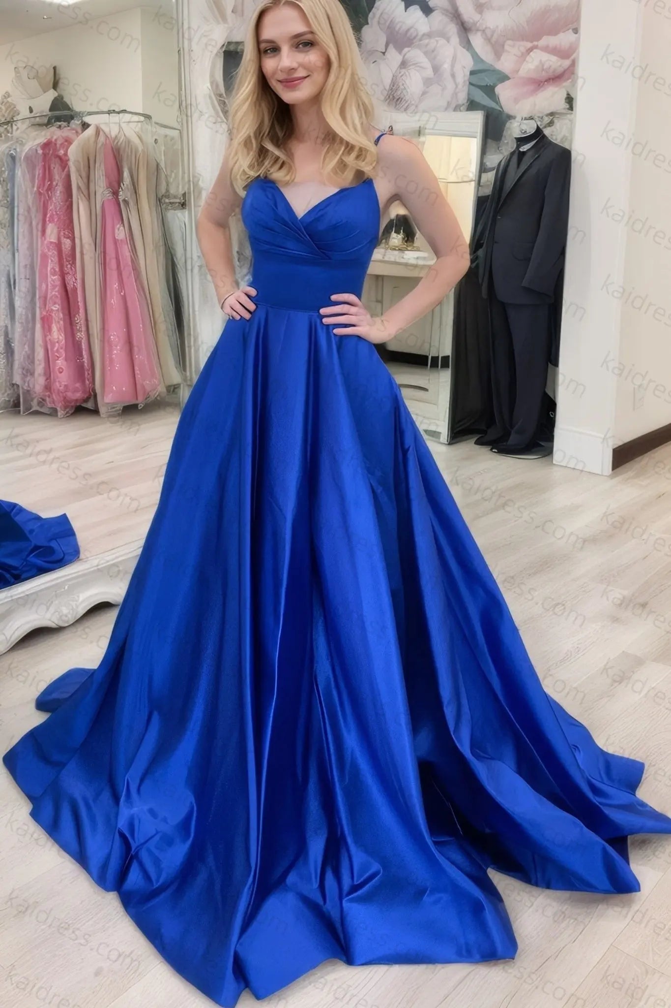 A-line V Neck Sleeveless Court Train Satin Prom Dresses With Bowknot Pleated Waistband - KAIDRESS