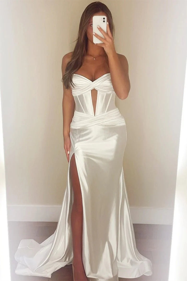 Green Silk Strapless Mermaid Prom Dresses Long Formal Evening Gown with Slit