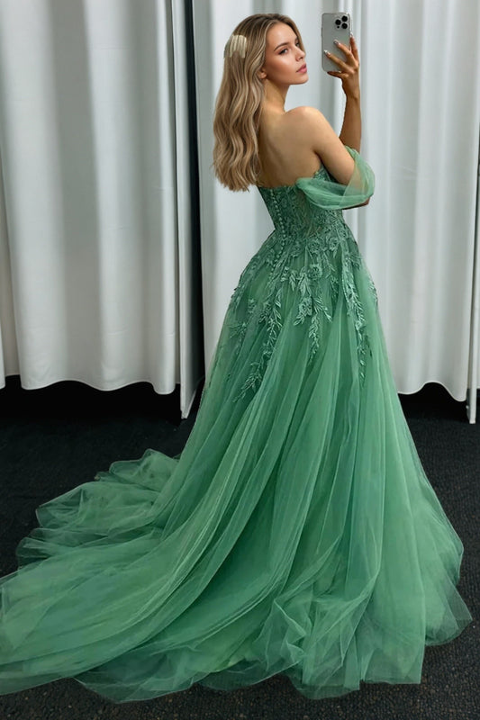 A-line Off-the-Shoulder Sleeveless Tulle Long Prom Dresses Green Ball Gowns-780