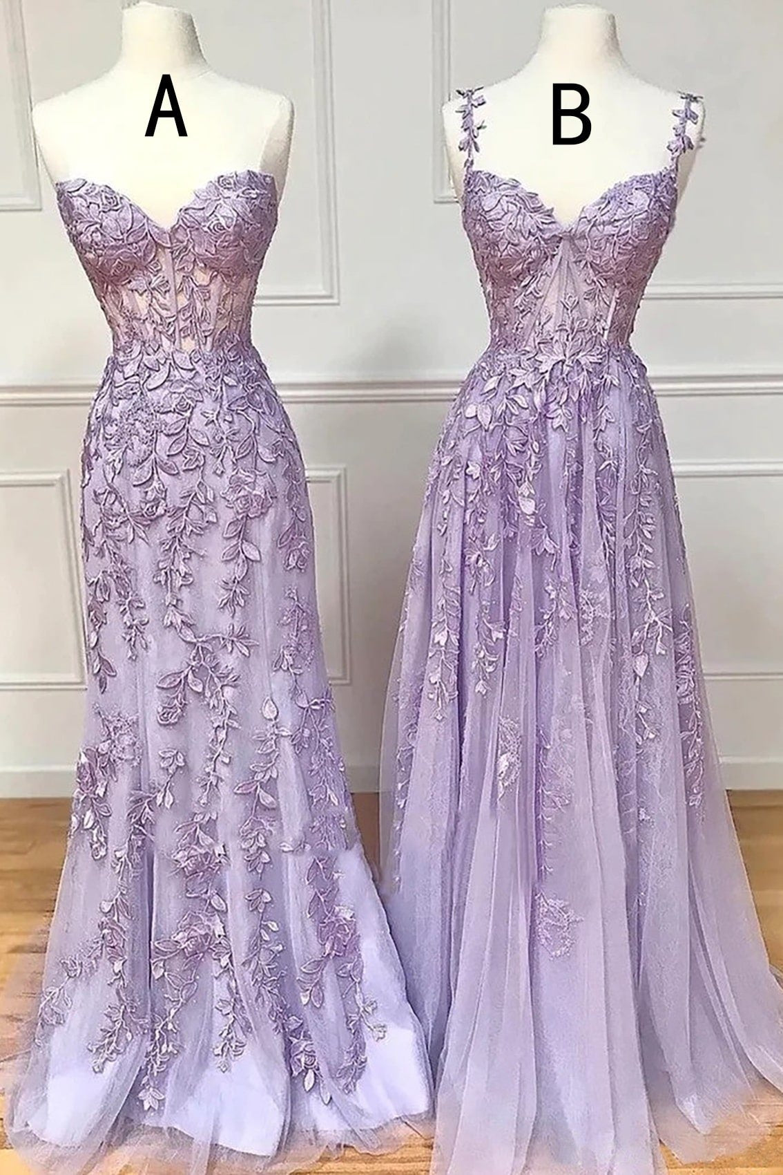 A-line Sweetheart Spaghetti Straps Sweep Train Lace Prom Dress With Beading