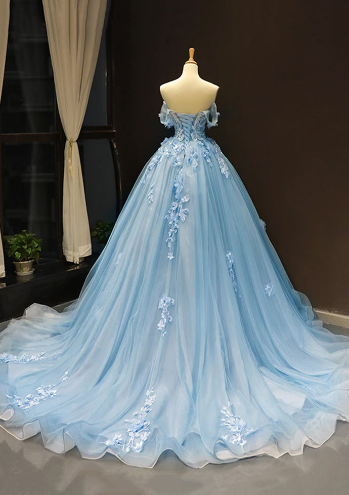 A-Line Off the Shoulder Tulle Applique Long Quinceañera Dresses Blue Formal Prom Dress