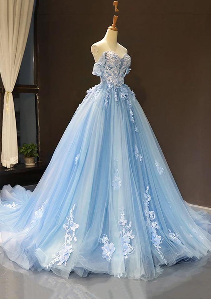 A-Line Off the Shoulder Tulle Applique Long Quinceañera Dresses Blue Formal Prom Dress
