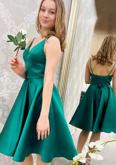 Short A-line V Neck Satin Homecoming Dress