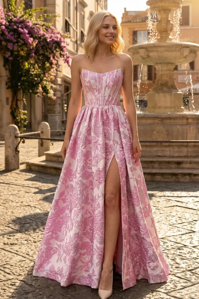 2026 Floral Jacquard Pink Strapless Prom Dresses Long Formal Gowns with Pockets