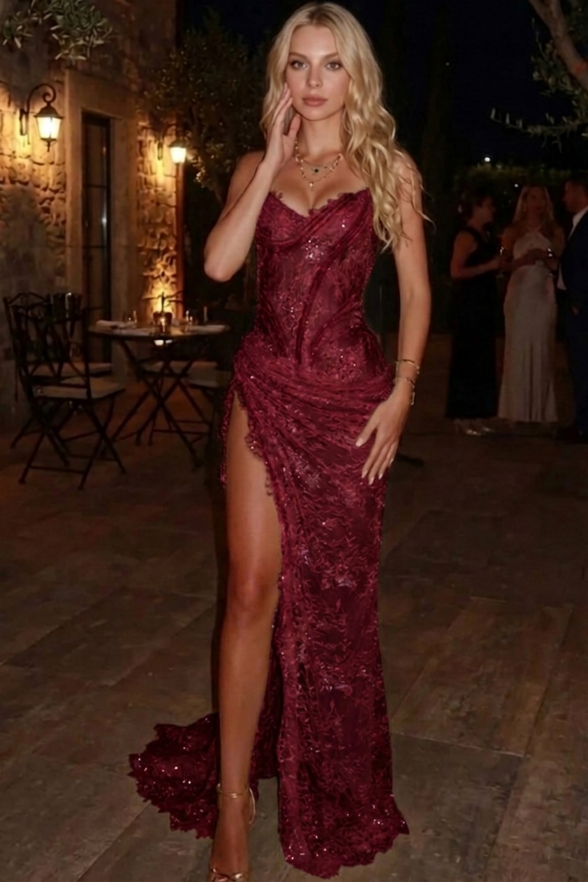 Mermaid Sheath Sweetheart Appliques Lace Sweep Train Lace Corset Prom Dress KAIDRESS