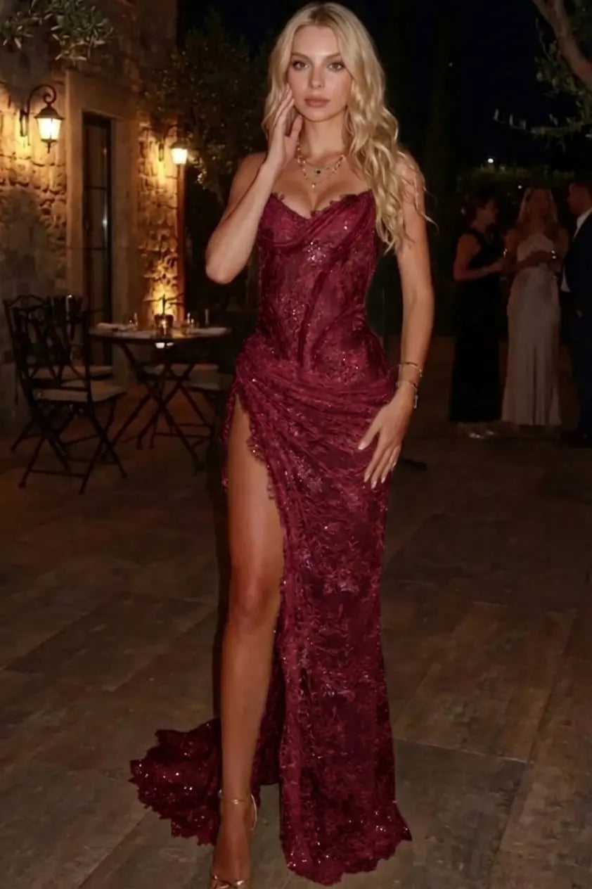 Mermaid Sheath Sweetheart Appliques Lace Sweep Train Lace Corset Prom Dress KAIDRESS