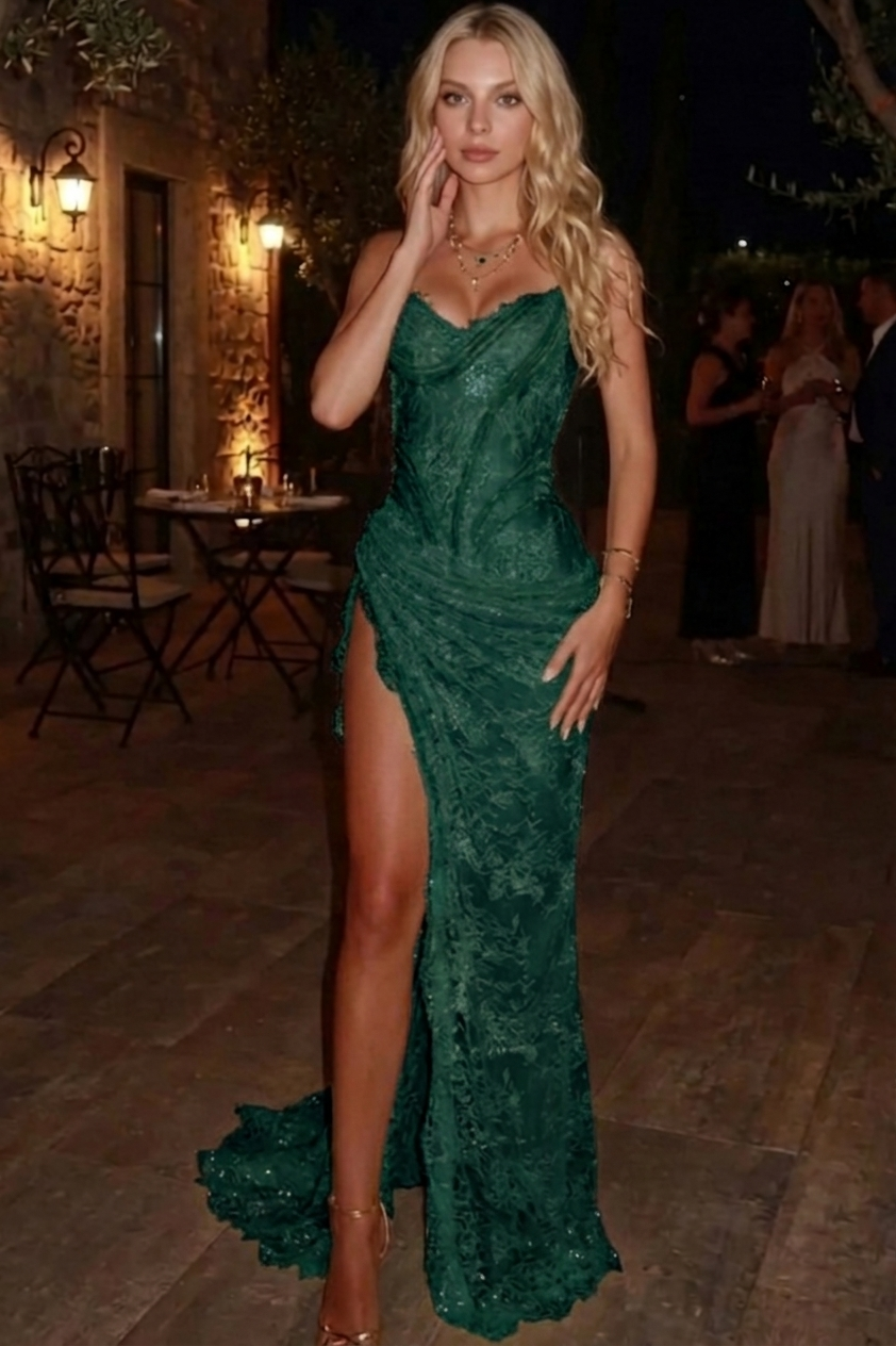 Mermaid Sheath Sweetheart Appliques Lace Sweep Train Lace Corset Prom Dress KAIDRESS