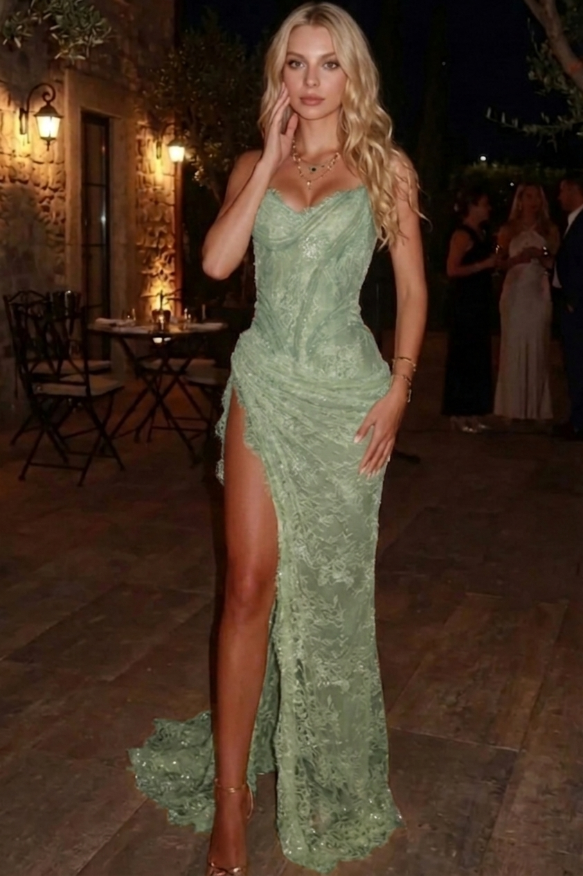 Mermaid Sheath Sweetheart Appliques Lace Sweep Train Lace Corset Prom Dress KAIDRESS