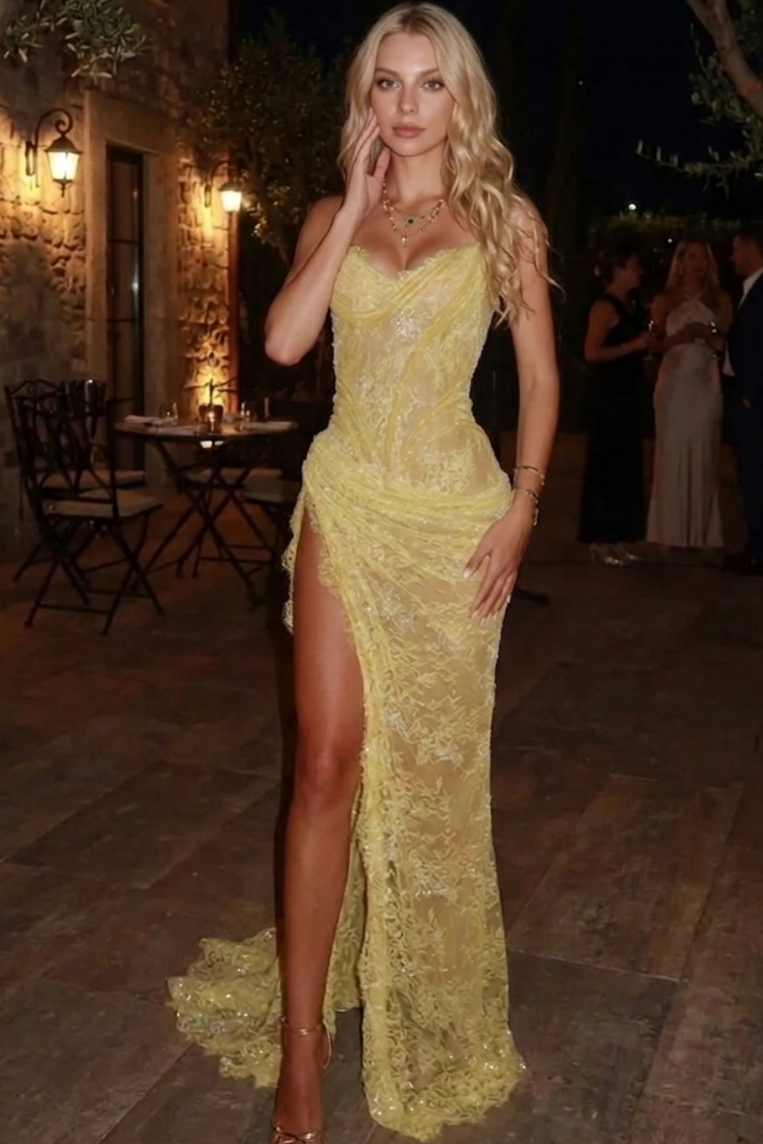 Mermaid Sheath Sweetheart Appliques Lace Sweep Train Lace Corset Prom Dress KAIDRESS