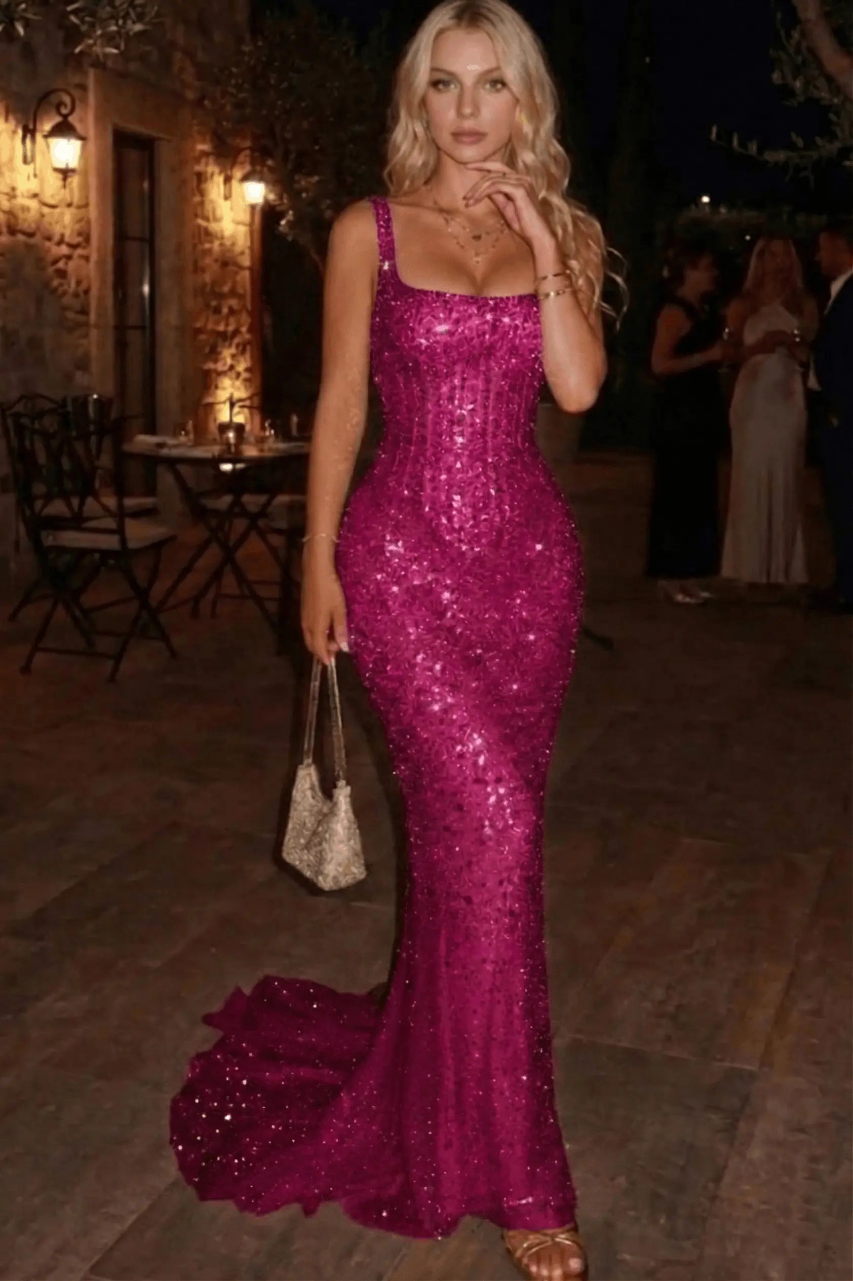 Luxury Mermaid Sheath Square Rhinestone Sweep Train Corset Prom Dress KAIDRESS