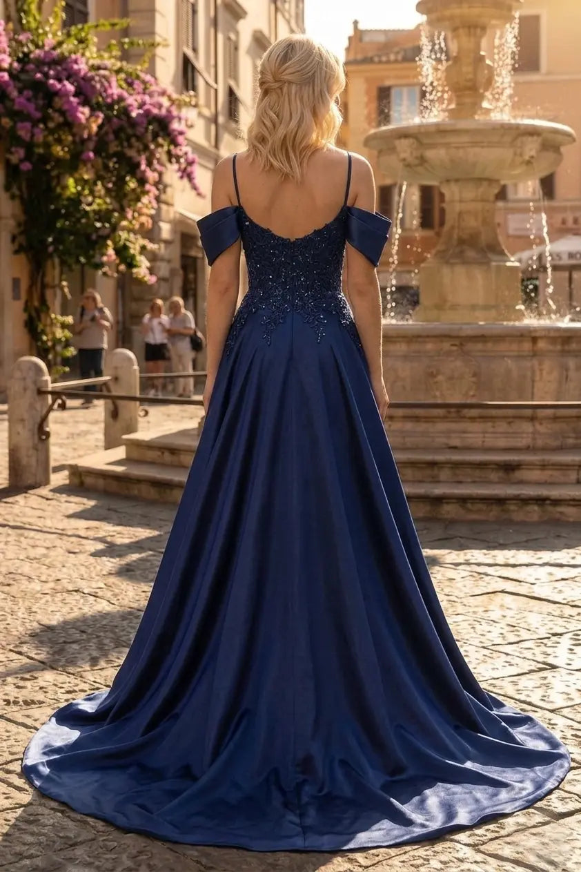 2026 Navy Blue Satin Spaghetti Straps Prom Dresses Long Short Sleeve