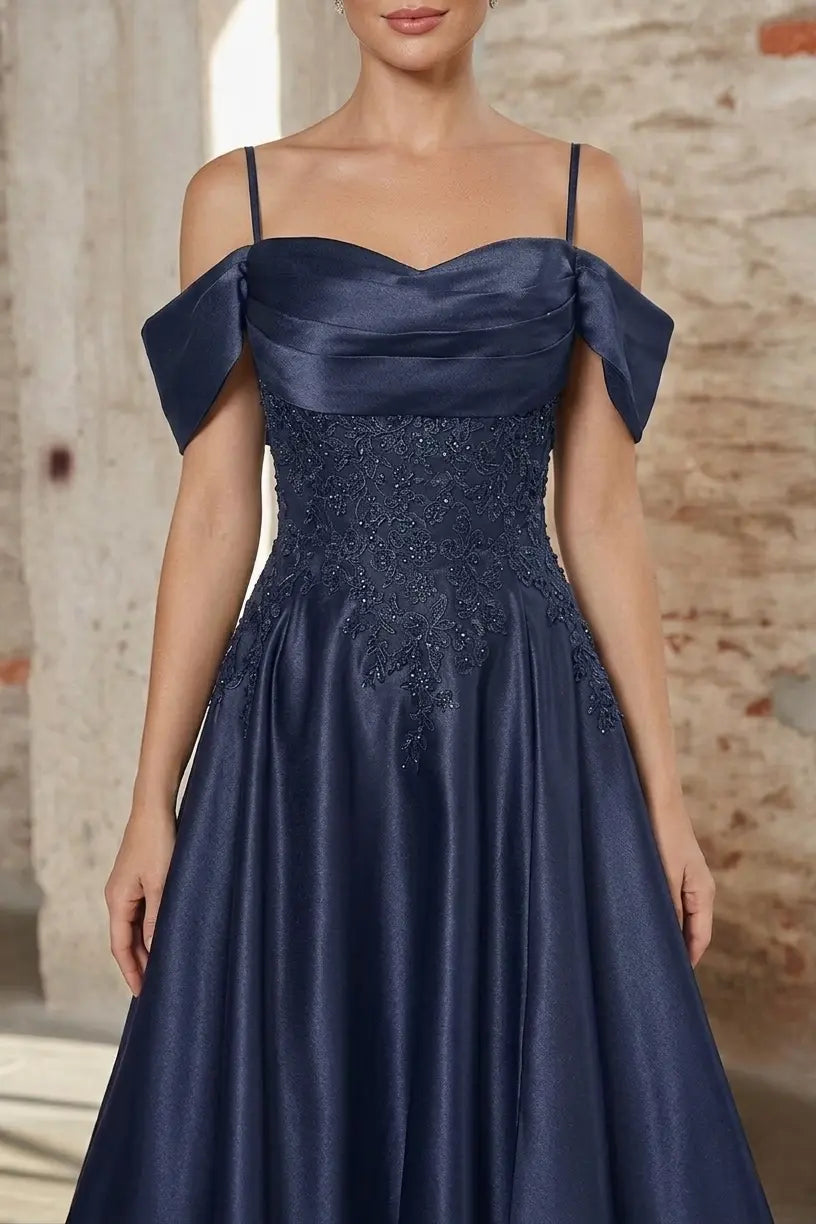 2026 Navy Blue Satin Spaghetti Straps Prom Dresses Long Short Sleeve 