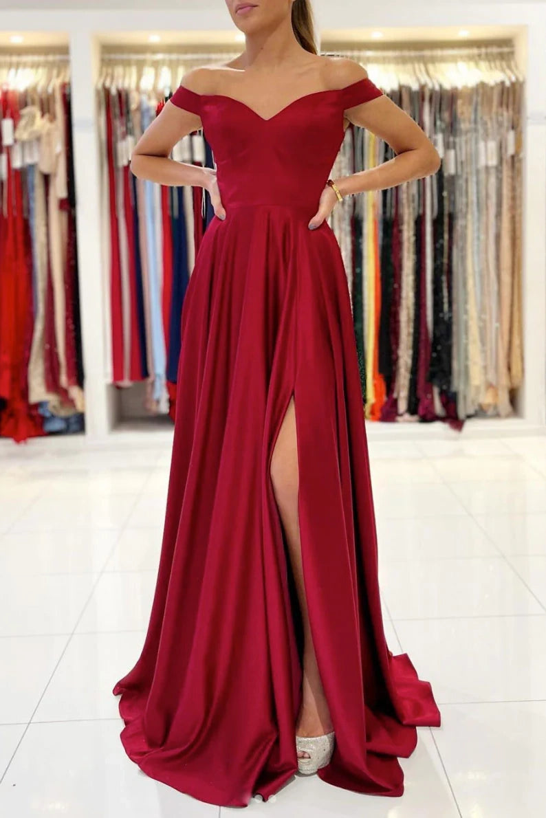 2026 Red Satin Formal Prom Dresses Long Off-the-Shoulder Evening Gowns