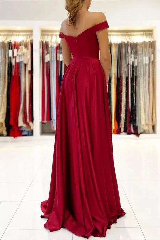 2026 Red Satin Formal Prom Dresses Long Off-the-Shoulder Evening Gowns