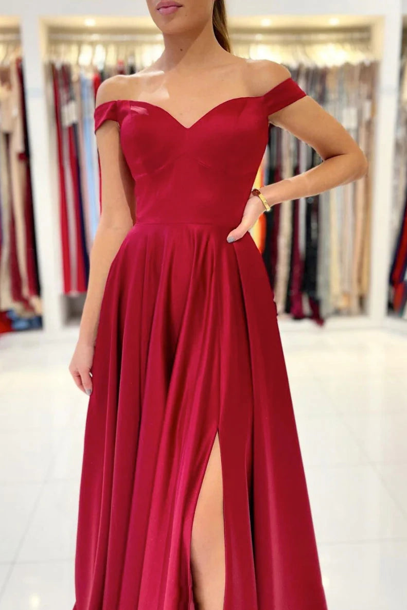 2026 Red Satin Formal Prom Dresses Long Off-the-Shoulder Evening Gowns