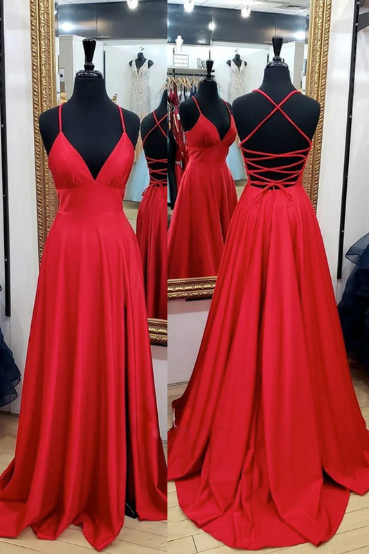 2026 Red Silk Formal Prom Dresses Long Halter with Slit Evening Gowns