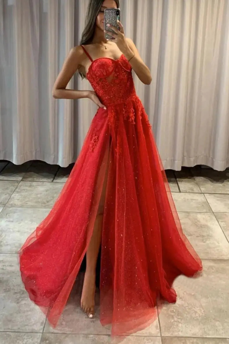 2026 Red Tulle Formal Prom Dresses Long Halter with Slit Evening Gowns