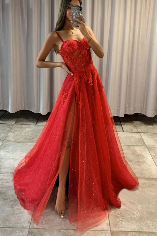 2026 Red Tulle Formal Prom Dresses Long Halter with Slit Evening Gowns