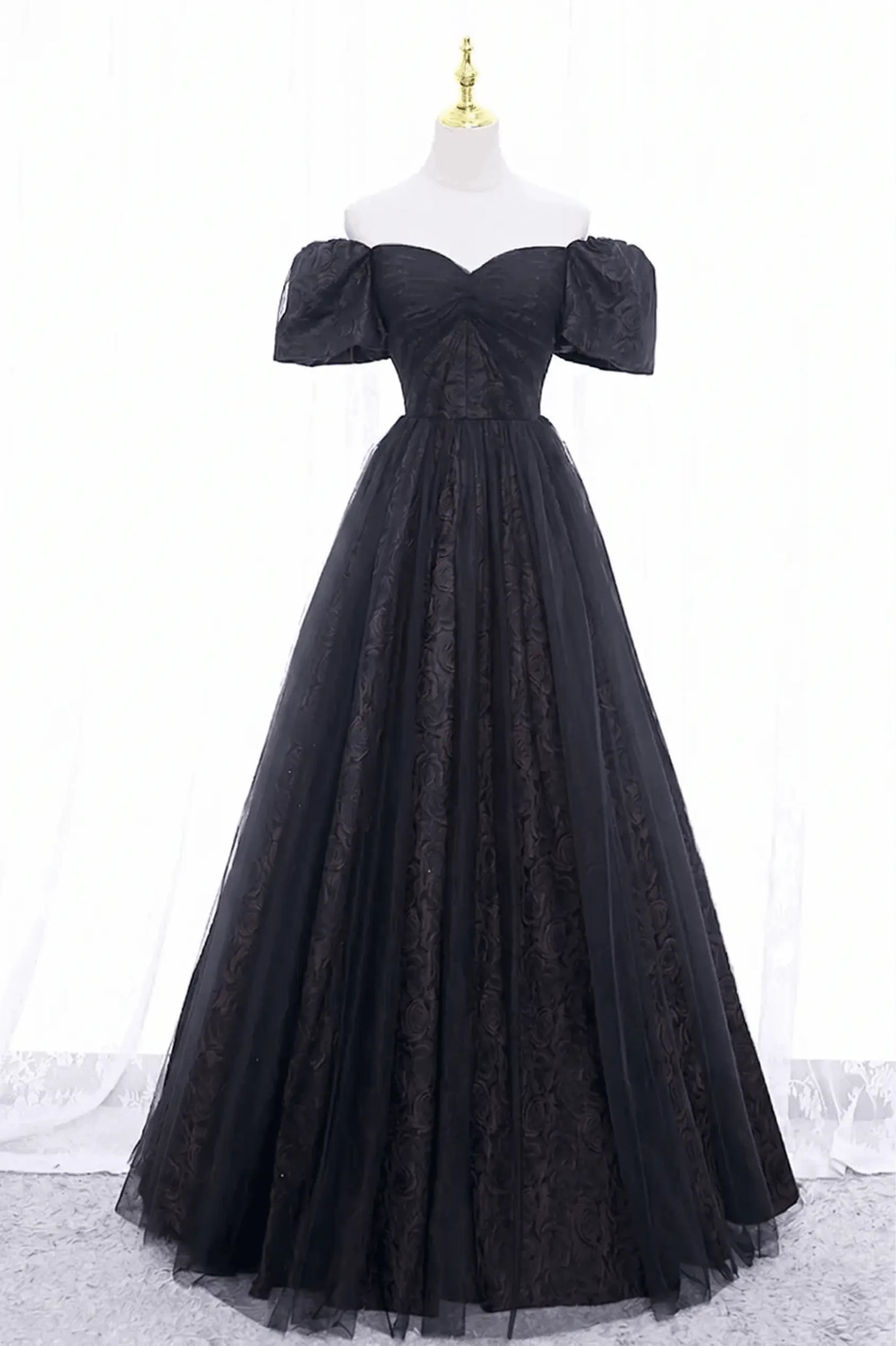 Black Tulle A-Line Prom Dress with Rose Print, Black Off Shoulder Formal Evening Dress Kaidress
