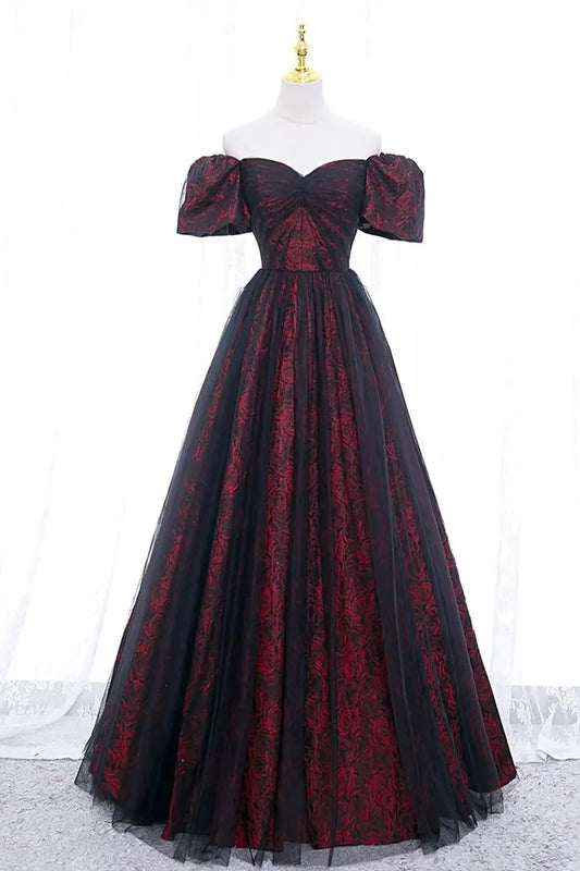 Black Tulle A-Line Prom Dress with Rose Print, Black Off Shoulder Formal Evening Dress