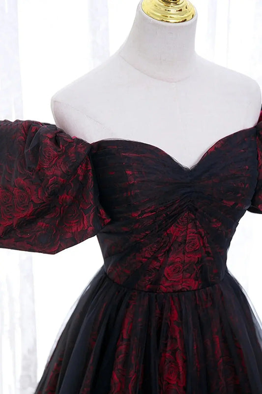 Black Tulle A-Line Prom Dress with Rose Print, Black Off Shoulder Formal Evening Dress