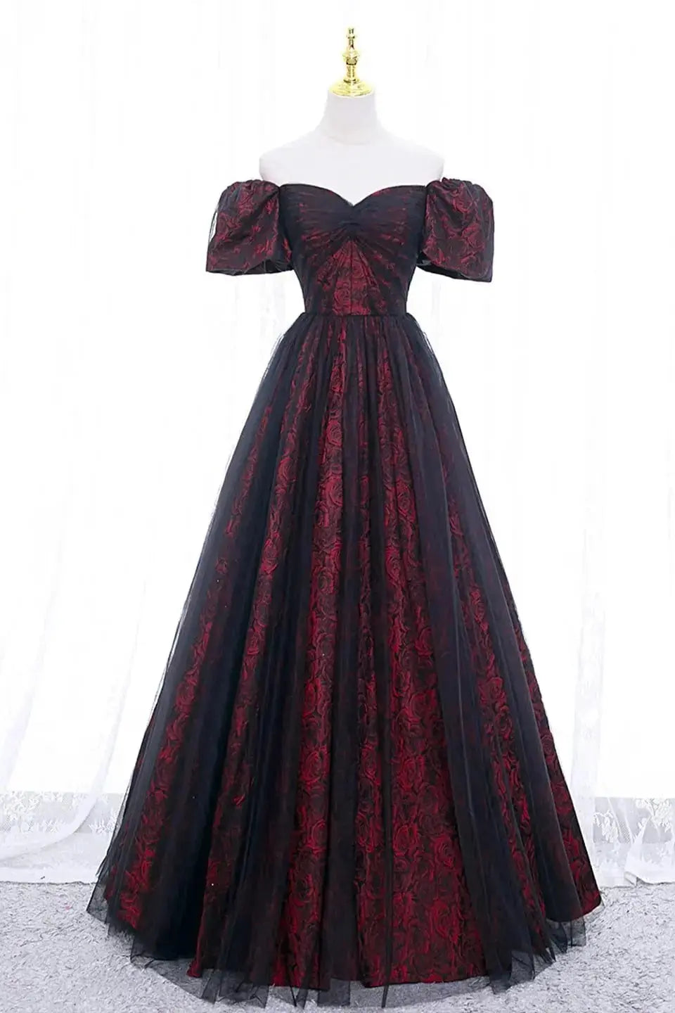 Black Tulle A-Line Prom Dress with Rose Print, Black Off Shoulder Formal Evening Dress - KAIDRESS