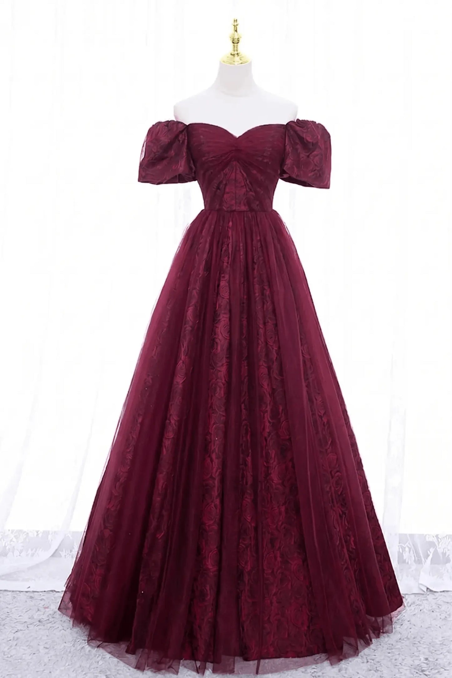 Black Tulle A-Line Prom Dress with Rose Print, Black Off Shoulder Formal Evening Dress Kaidress