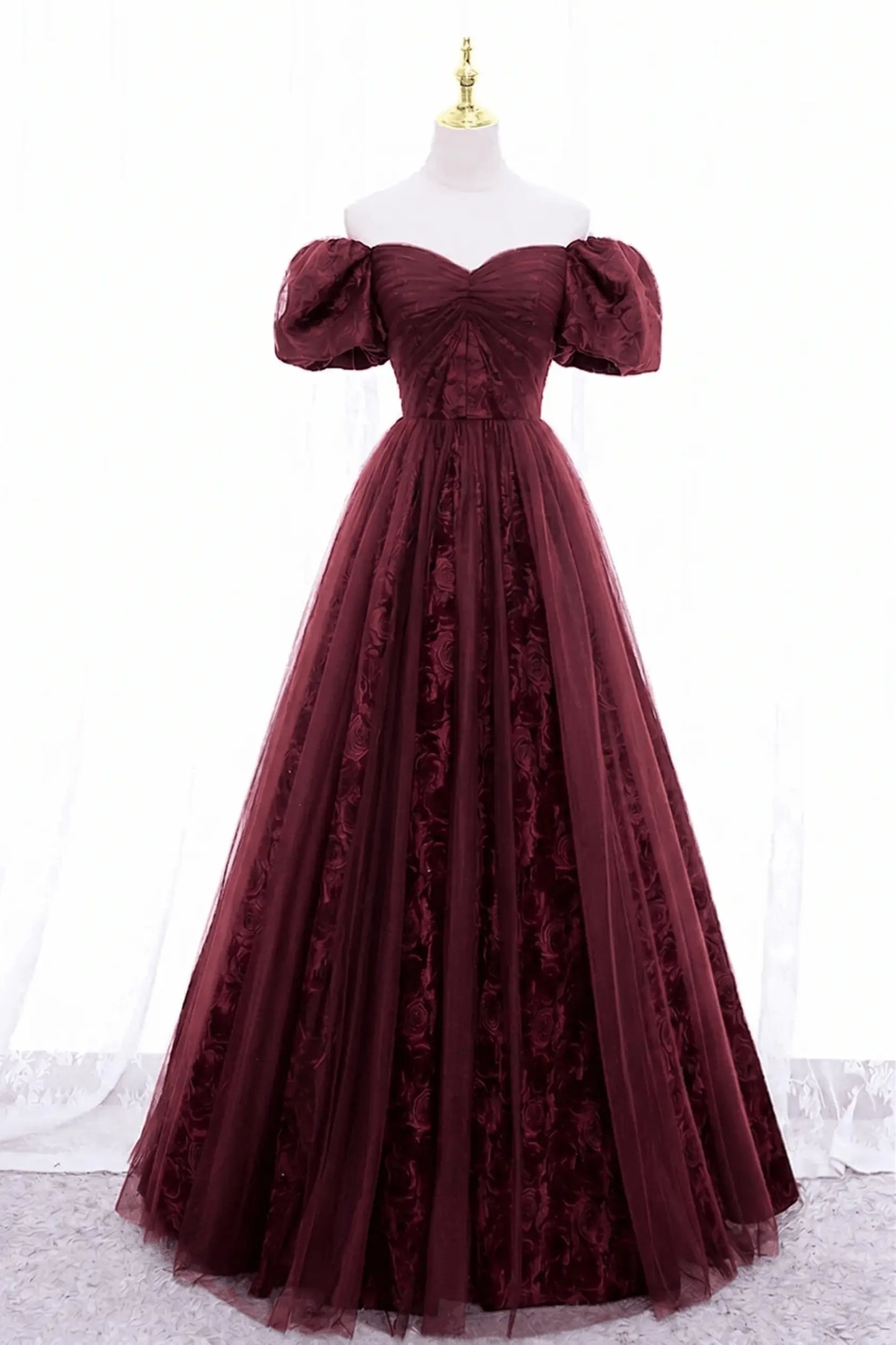 Black Tulle A-Line Prom Dress with Rose Print, Black Off Shoulder Formal Evening Dress Kaidress
