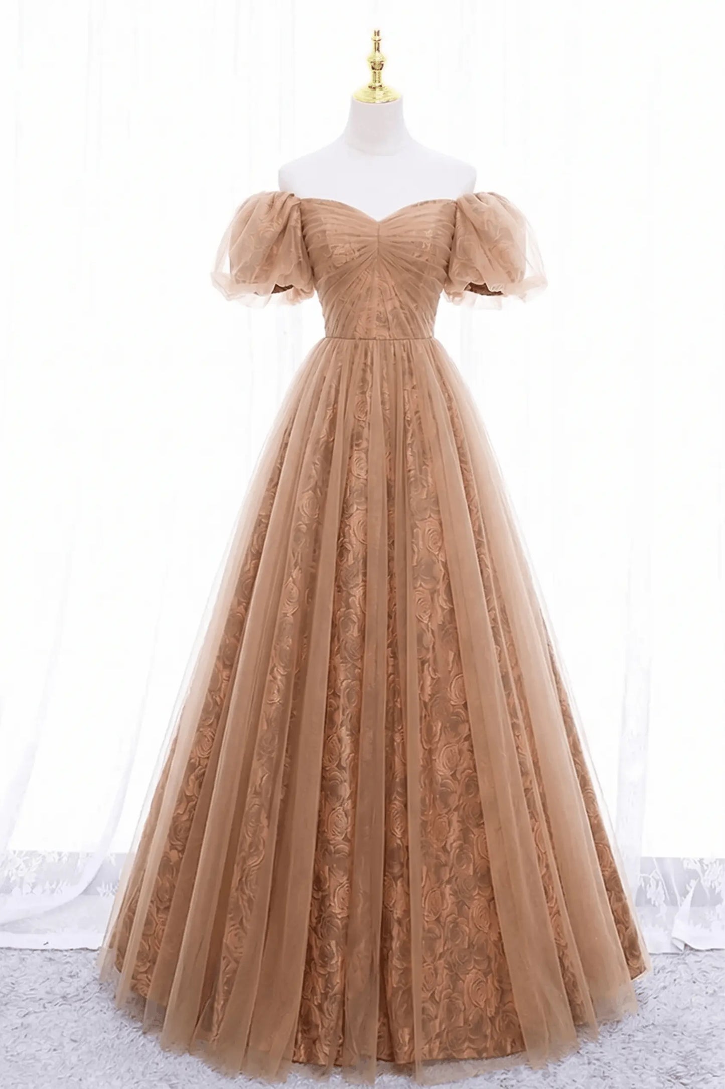 Black Tulle A-Line Prom Dress with Rose Print, Black Off Shoulder Formal Evening Dress Kaidress