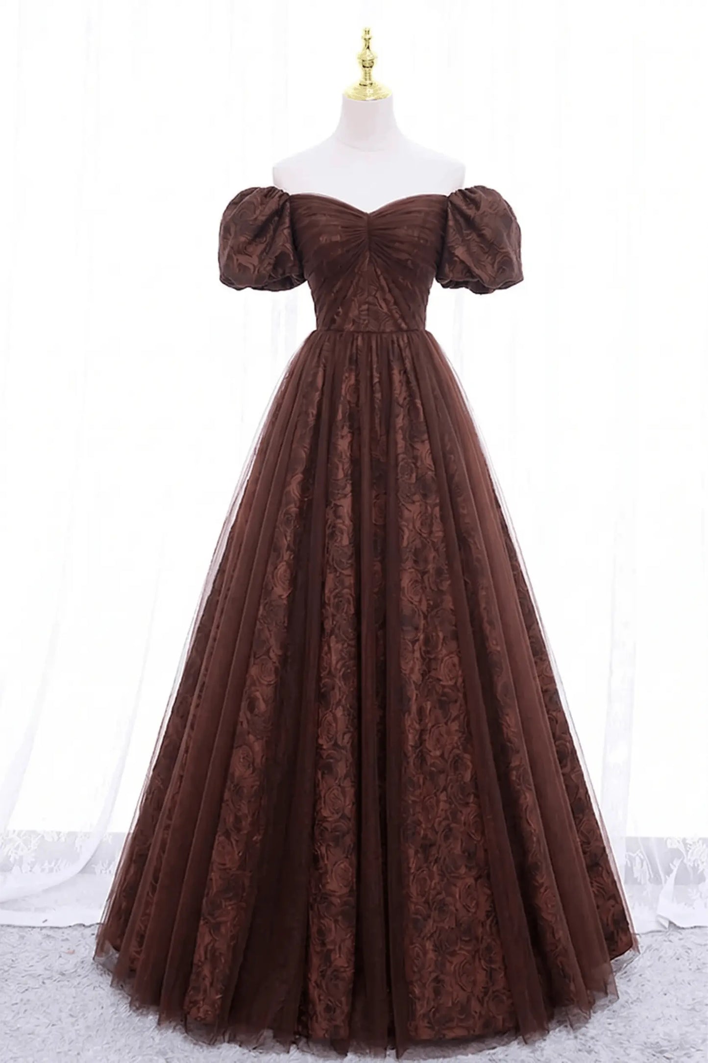 Black Tulle A-Line Prom Dress with Rose Print, Black Off Shoulder Formal Evening Dress Kaidress