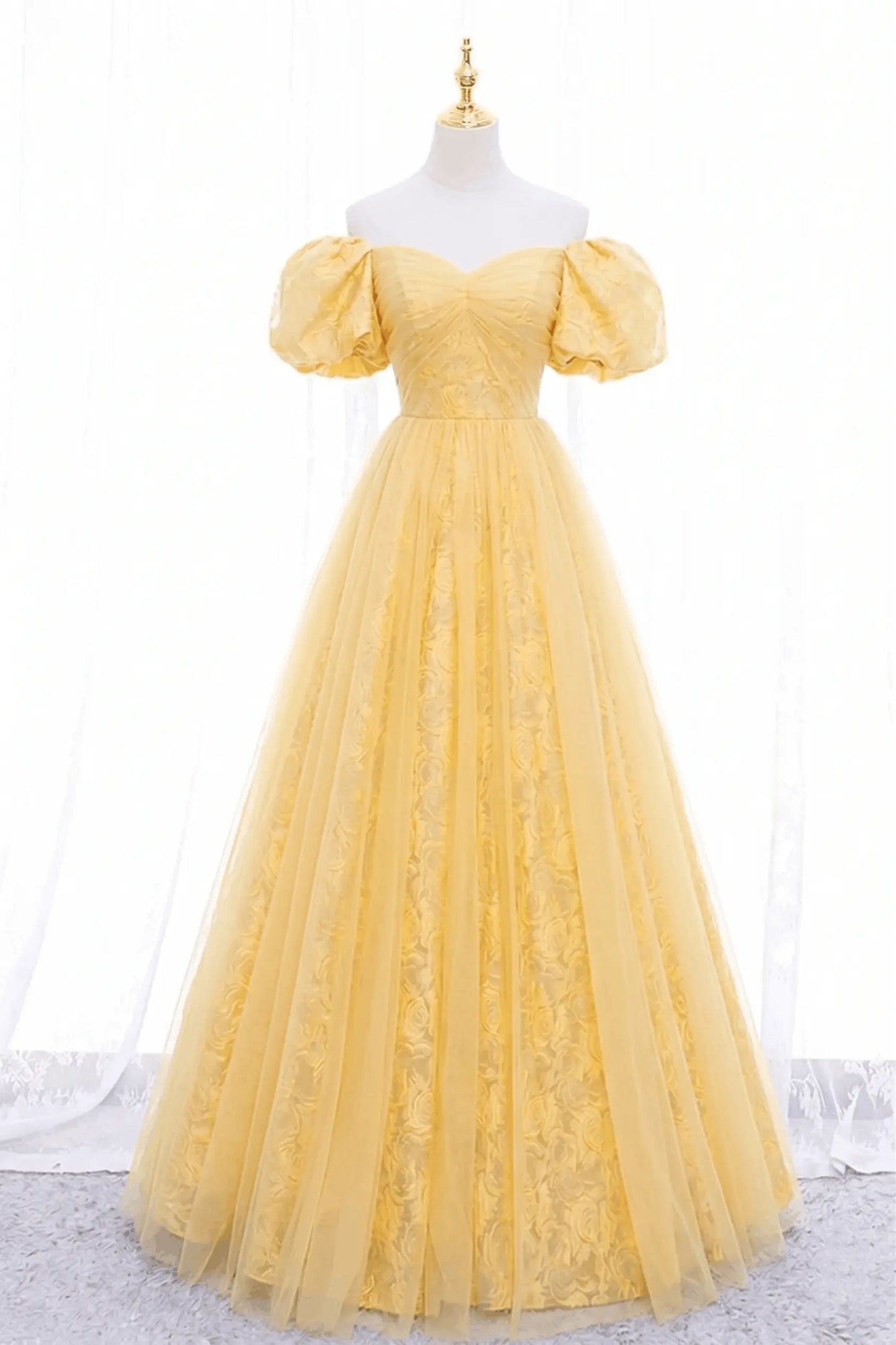 Black Tulle A-Line Prom Dress with Rose Print, Black Off Shoulder Formal Evening Dress Kaidress
