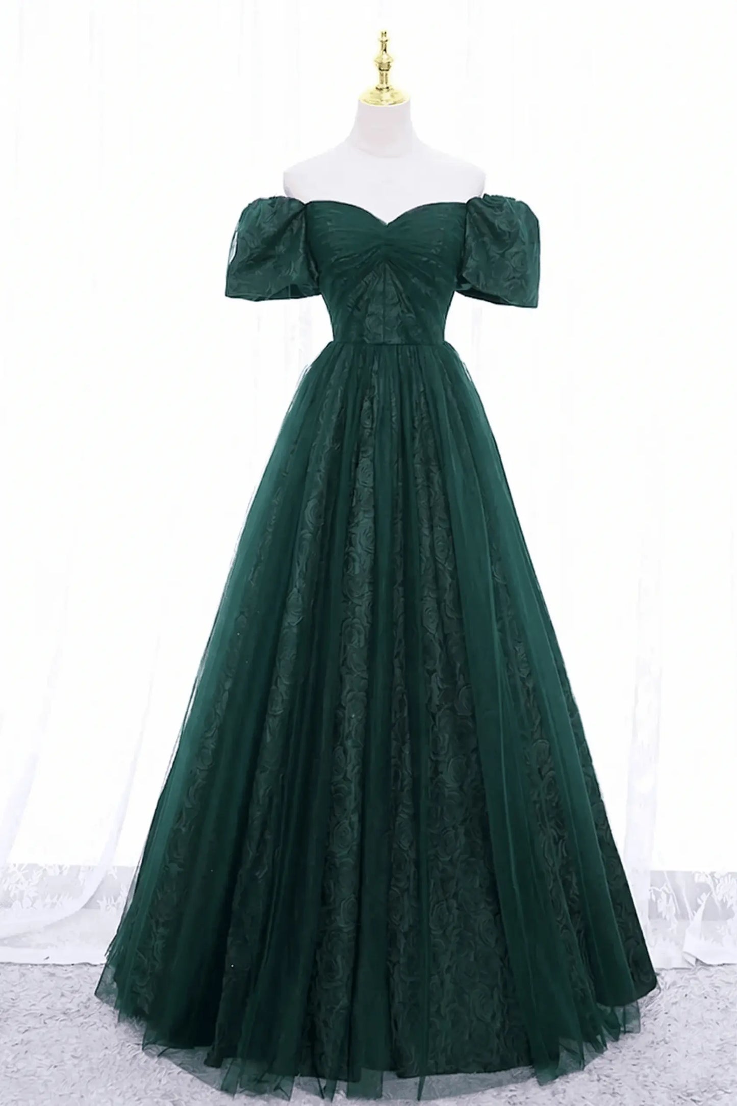 Black Tulle A-Line Prom Dress with Rose Print, Black Off Shoulder Formal Evening Dress Kaidress