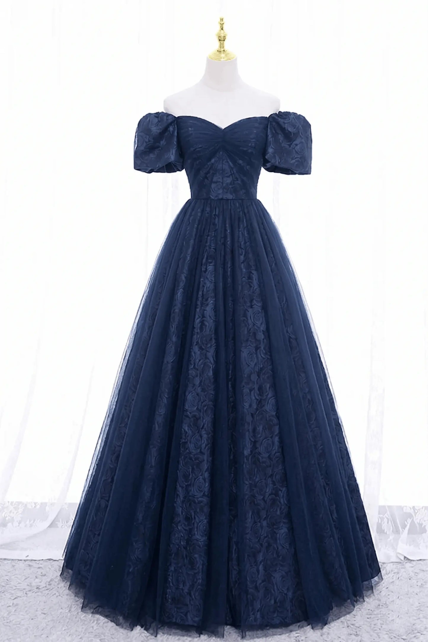 Black Tulle A-Line Prom Dress with Rose Print, Black Off Shoulder Formal Evening Dress Kaidress