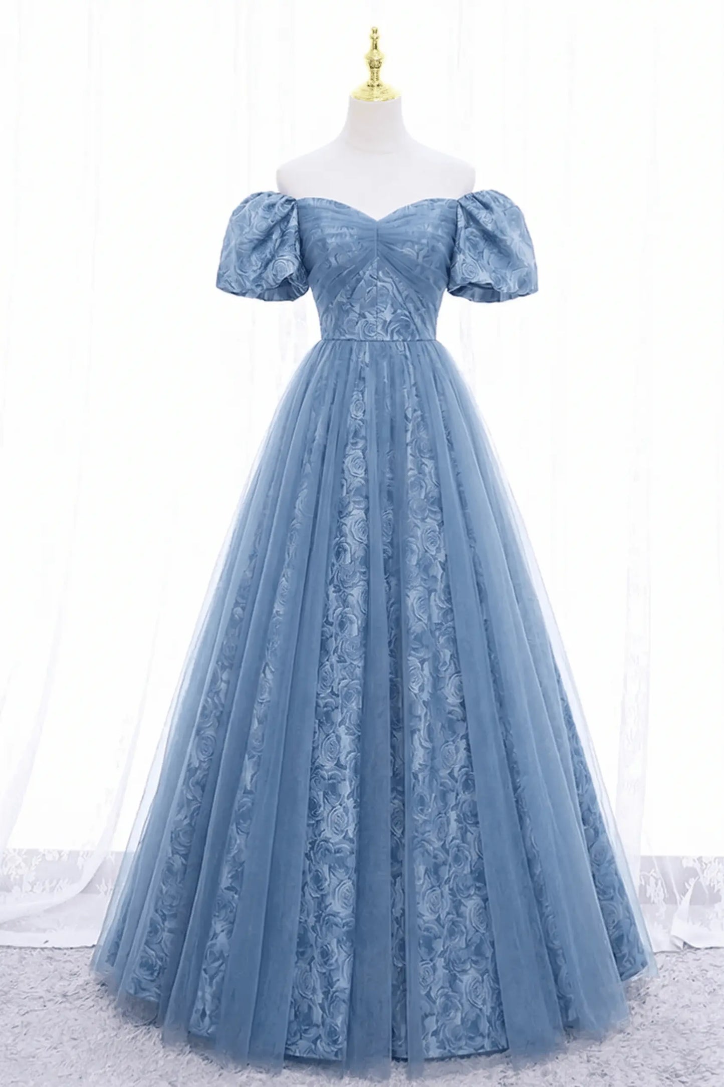 Black Tulle A-Line Prom Dress with Rose Print, Black Off Shoulder Formal Evening Dress Kaidress