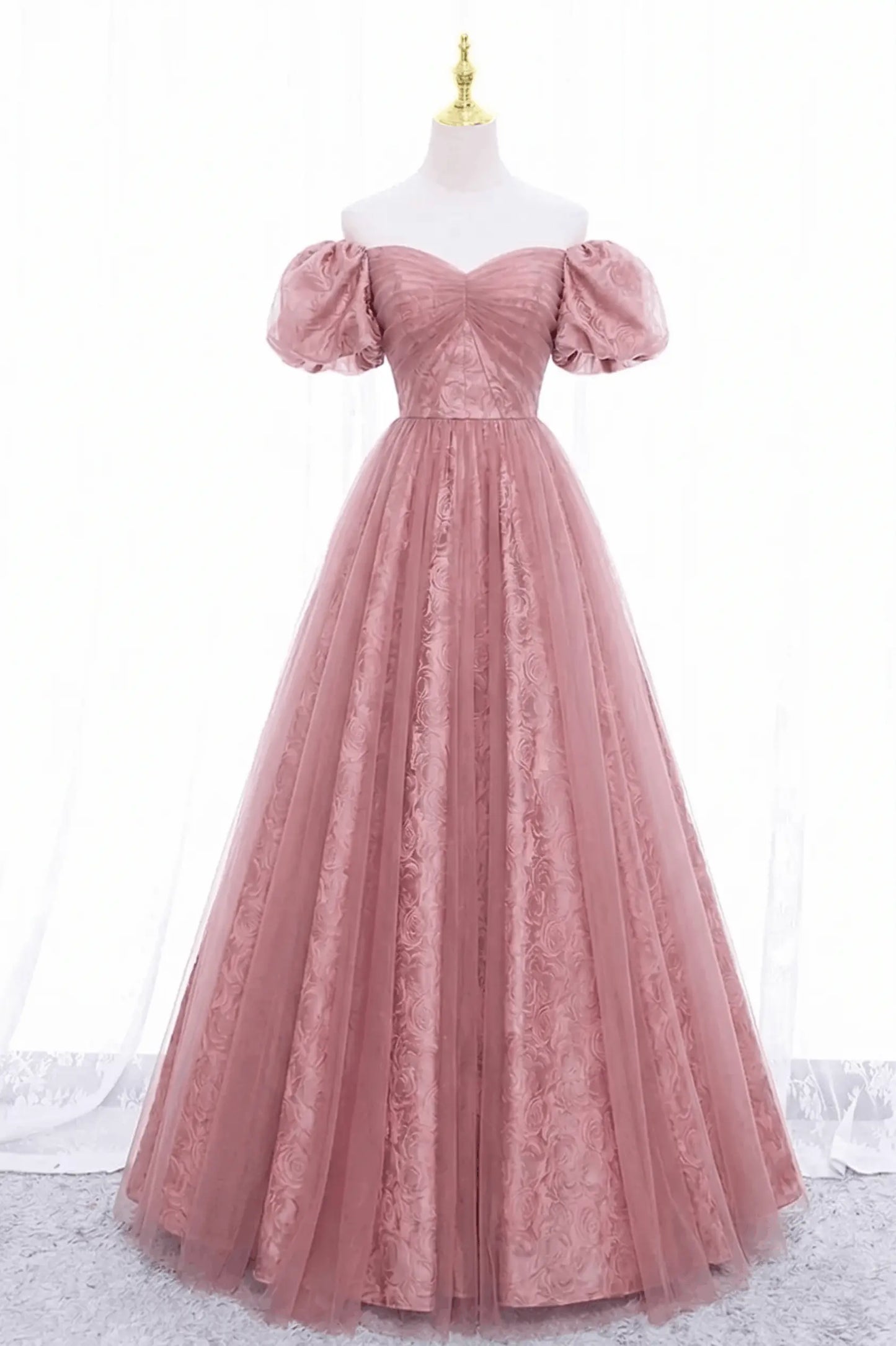Black Tulle A-Line Prom Dress with Rose Print, Black Off Shoulder Formal Evening Dress Kaidress