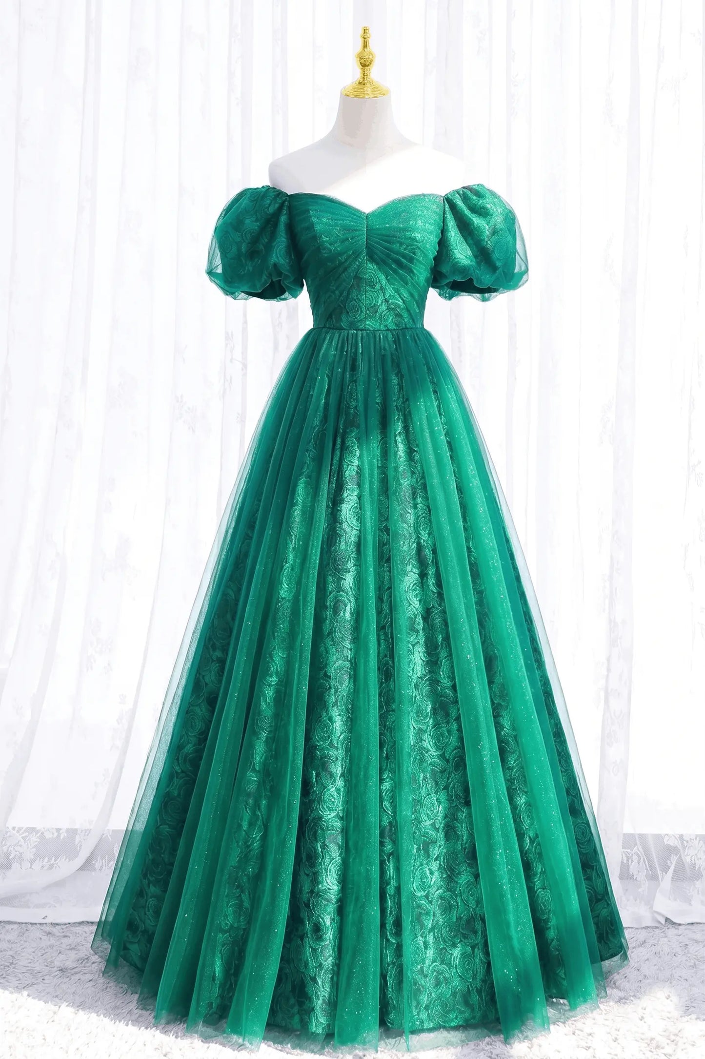 Black Tulle A-Line Prom Dress with Rose Print, Black Off Shoulder Formal Evening Dress Kaidress