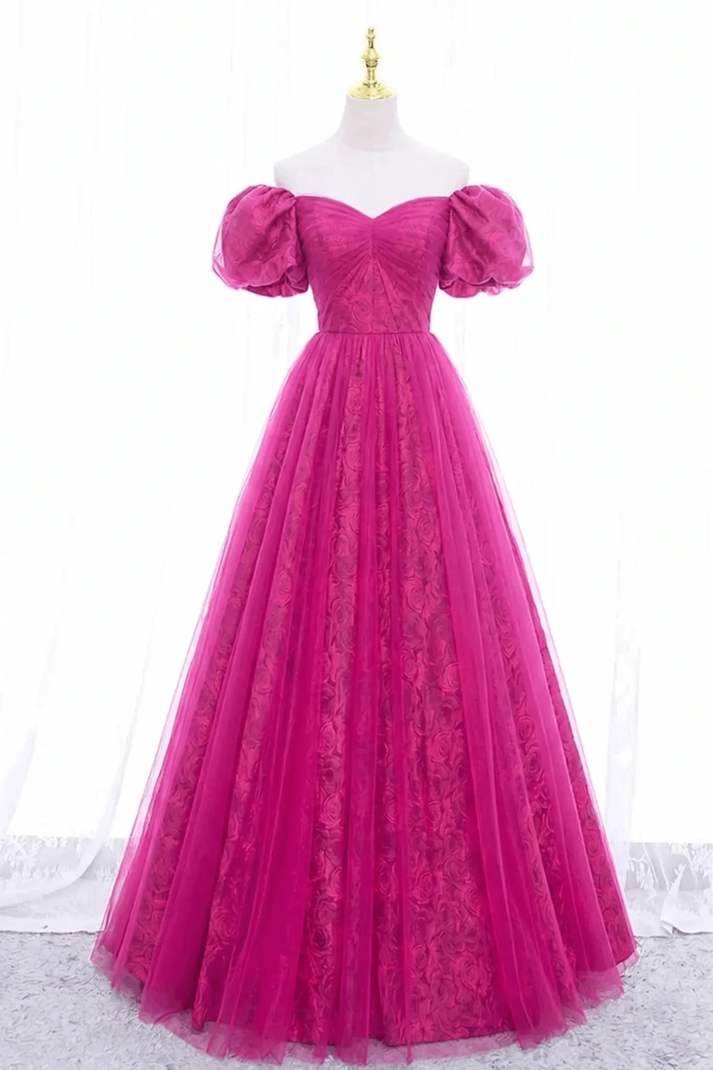 Black Tulle A-Line Prom Dress with Rose Print, Black Off Shoulder Formal Evening Dress Kaidress