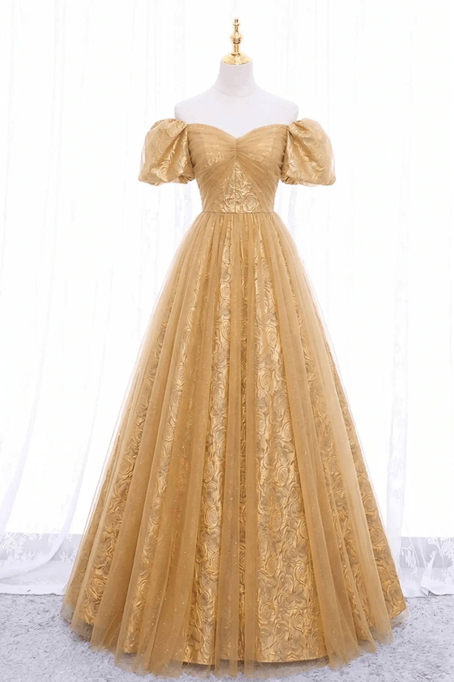 Black Tulle A-Line Prom Dress with Rose Print, Black Off Shoulder Formal Evening Dress Kaidress