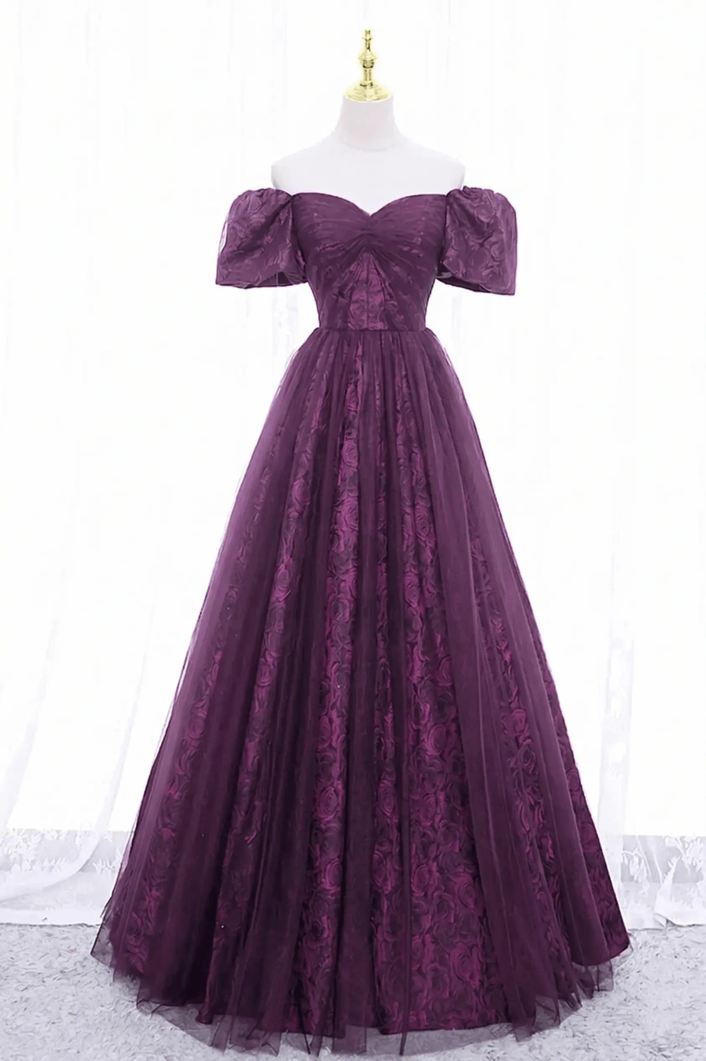 Black Tulle A-Line Prom Dress with Rose Print, Black Off Shoulder Formal Evening Dress Kaidress