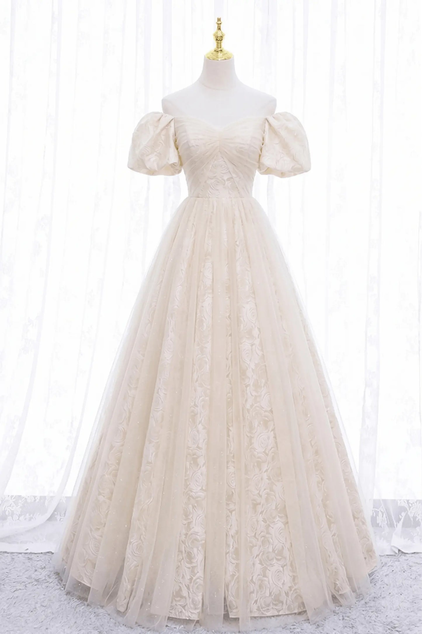 Black Tulle A-Line Prom Dress with Rose Print, Black Off Shoulder Formal Evening Dress Kaidress