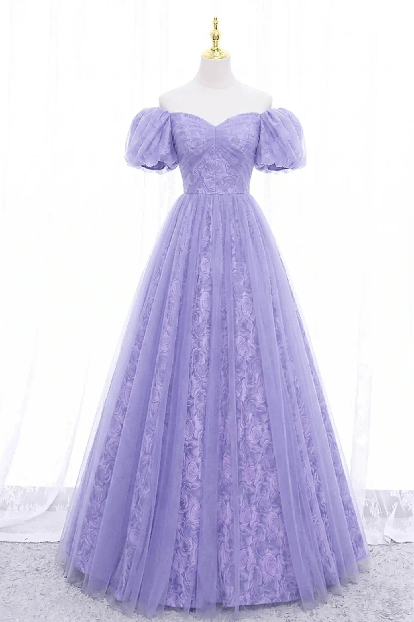 Black Tulle A-Line Prom Dress with Rose Print, Black Off Shoulder Formal Evening Dress Kaidress