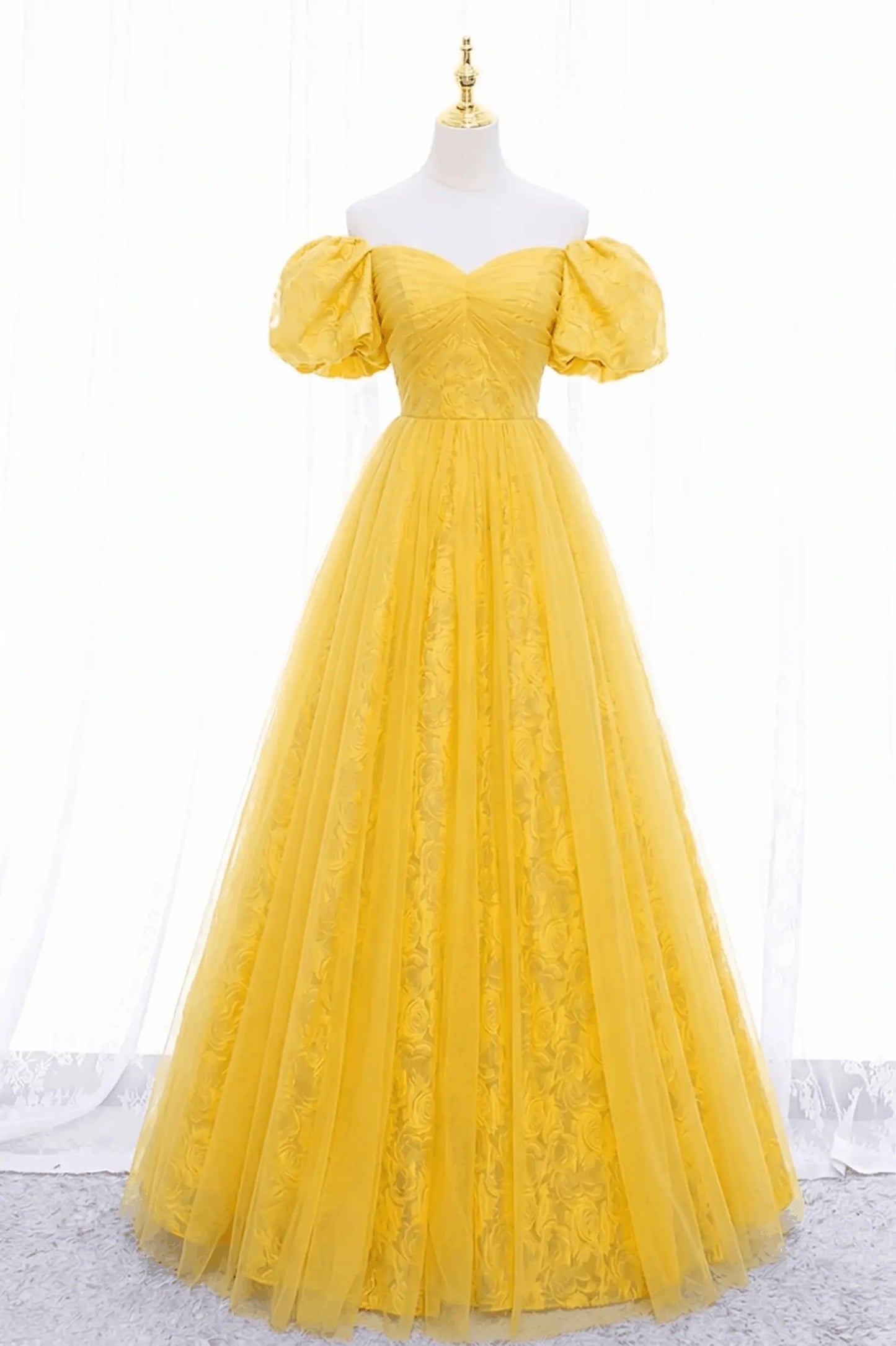 Black Tulle A-Line Prom Dress with Rose Print, Black Off Shoulder Formal Evening Dress Kaidress
