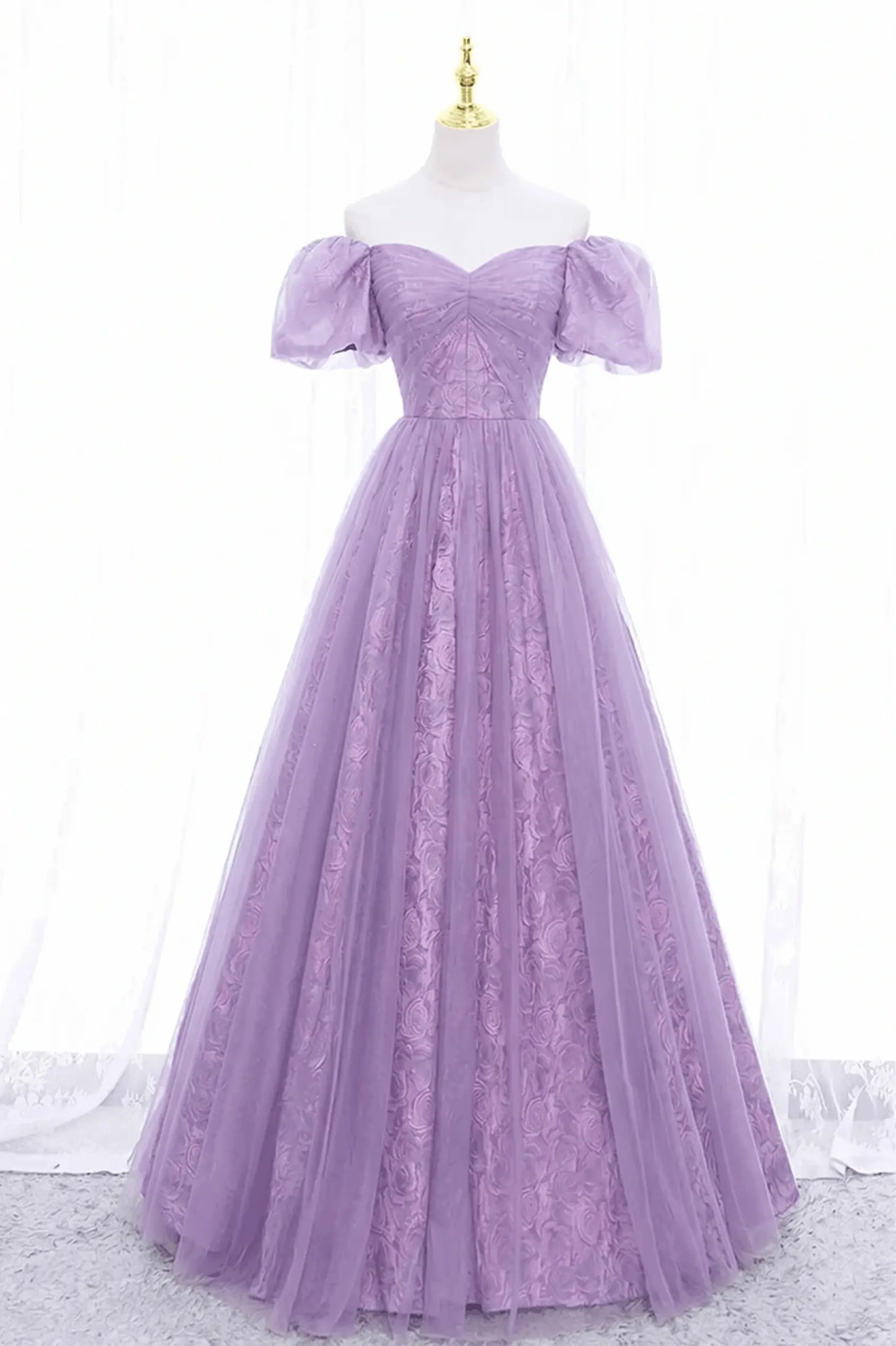 Black Tulle A-Line Prom Dress with Rose Print, Black Off Shoulder Formal Evening Dress Kaidress
