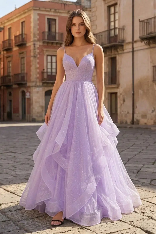 2026 Sparkly Lilac Prom Dress Long Formal Tulle Spaghetti Straps Gown