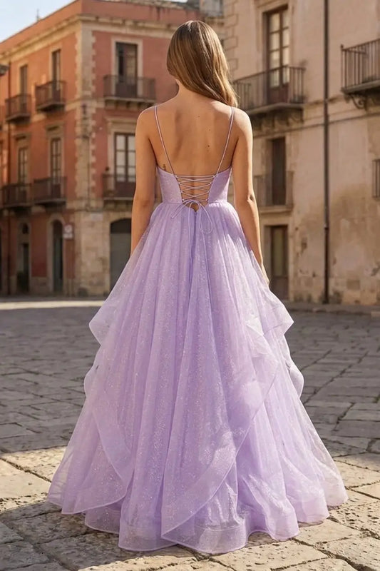 2026 Sparkly Lilac Prom Dress Long Formal Tulle Spaghetti Straps Gown