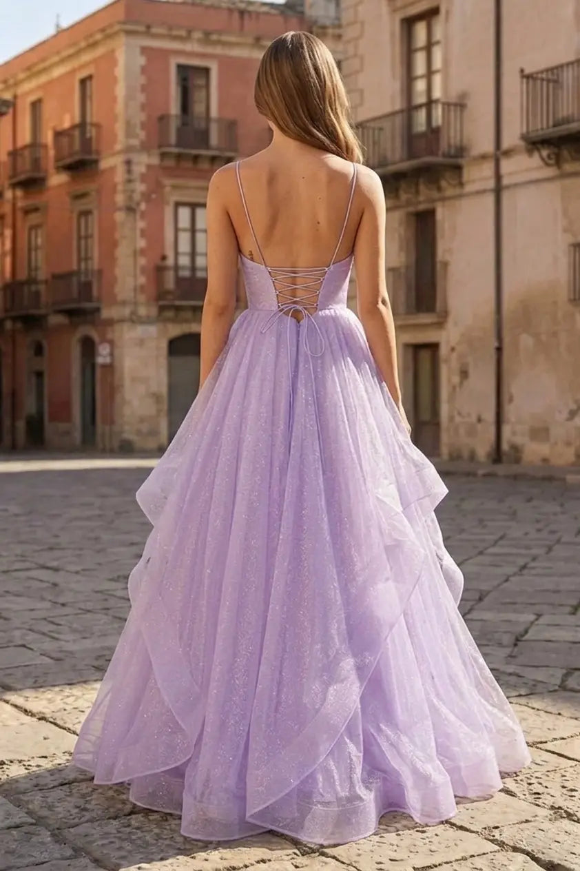 2026 Sparkly Lilac Prom Dress Long Formal Tulle Spaghetti Straps Gown